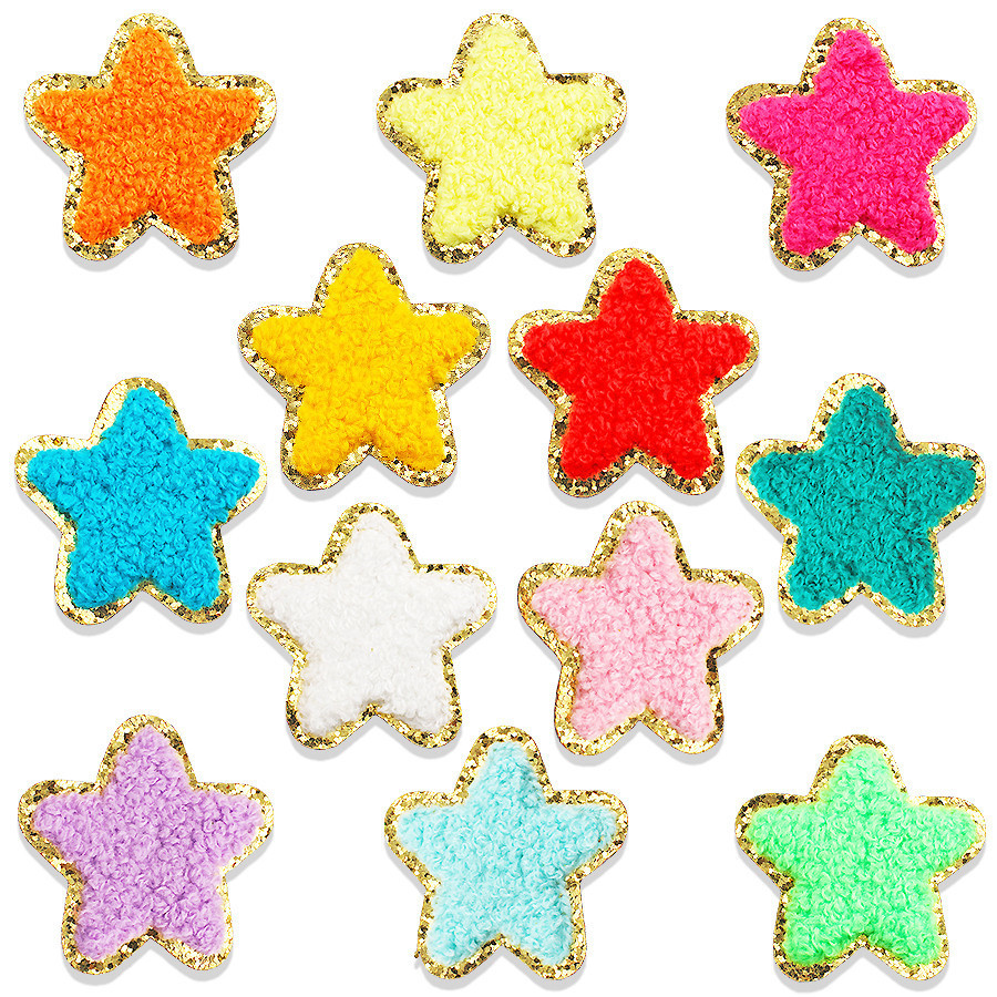 彩色五角星毛巾绣补丁贴电脑绣花章仔补丁雪尼尔亮片服装辅料布贴