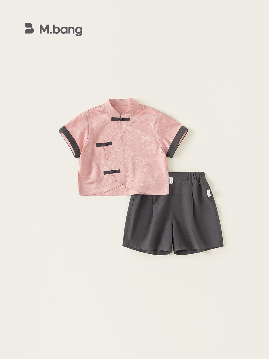 Youbao ropa para niños nuevo traje de niño de estilo chino con botones de disco camisa de estilo nacional top pantalones cortos casuales de dos piezas de color sólido para niños