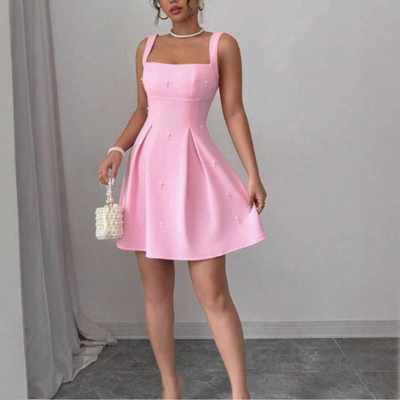 2025 Cross-Border European and American Temu Sexy Suspender Miniskirt Heavily Embellished with Diamonds U-Neck Slimming Waist Pearl Dress