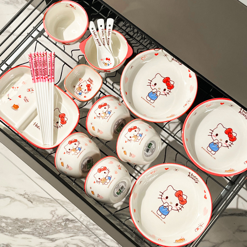 Hellokitty Ceramic Bowl Household Cartoon Ceramic Tableware High-Value Dishes, Plates, Chopsticks and Spoons Free Combination Set