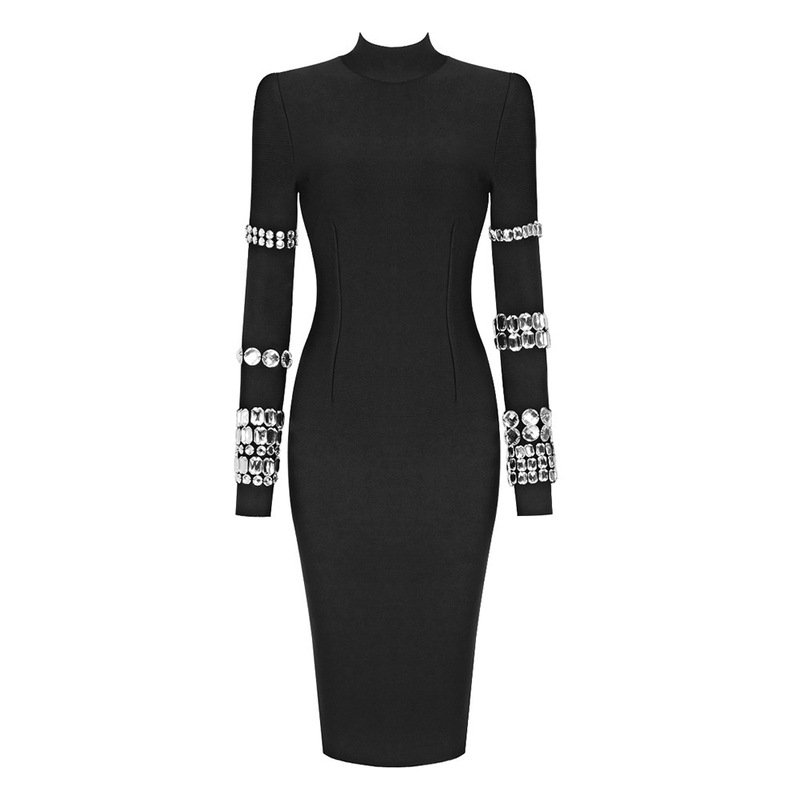 European and American Popular Women's Long-Sleeved Diamond-Encrusted High-Neck Slimming Dress Celebrity Party Bandage Skirt Evening Dress Women's Skirt