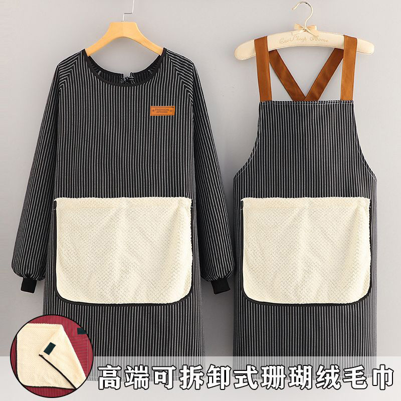 コーラルベルベットの手拭きエプロン、取り外し可能なクロスストラップエプロン、長袖、拡張および肥厚スモック、キッチンおよび家庭用|undefined