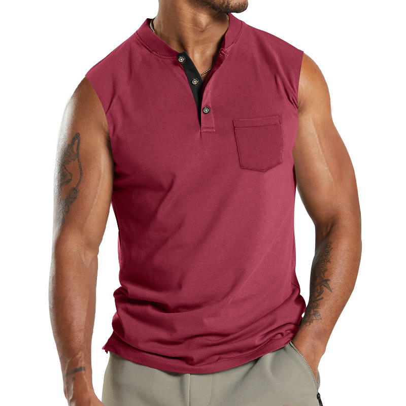 2024 Summer New Kam Shoulder Large Men's Short Sleeve Button Pocket Sleeveless T-shirt_voghion.com