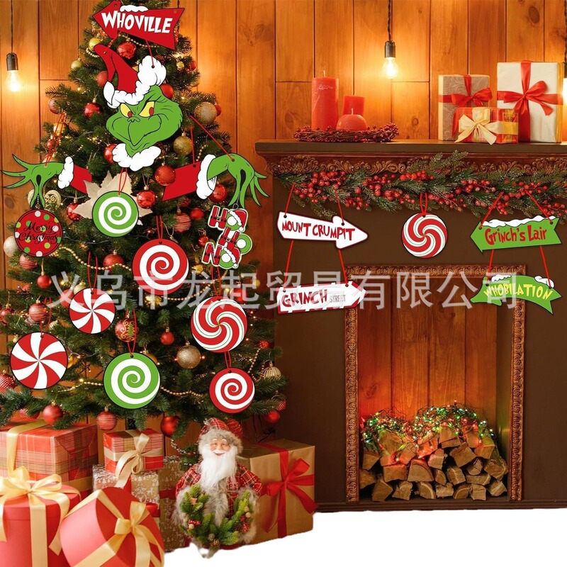 新品グリンチクリスマスツリーホームインテリアペンダントクリスマスギフト木製生地切り紙スパイラルストラップ|undefined