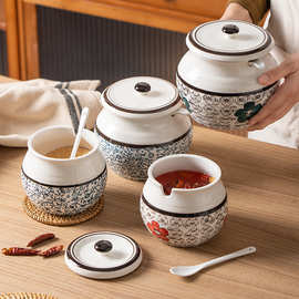 日式陶瓷调味罐家用耐高温猪油罐带盖勺调料罐釉下彩辣椒油罐盐罐