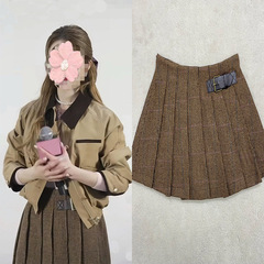 直播赵露思同款卡其色撞色翻领夹克外套上衣学院风开衫百褶裙套装