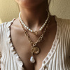 Fashionable retro necklace, metal coins from pearl, chain, set, European style, simple and elegant design