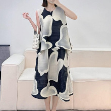 褶皱女装抽象云朵印花褶皱背心大摆A字裙小众设计感褶皱套装女