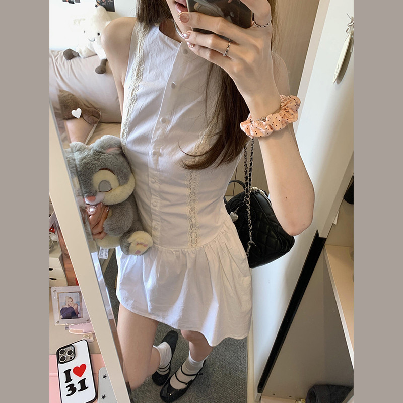 Korean-Style Sleeveless White Dress for Women, 2026 New Spring Collection, Petite Size, Elegant and Stunning, Waist-Cinching A-Line Short Dress