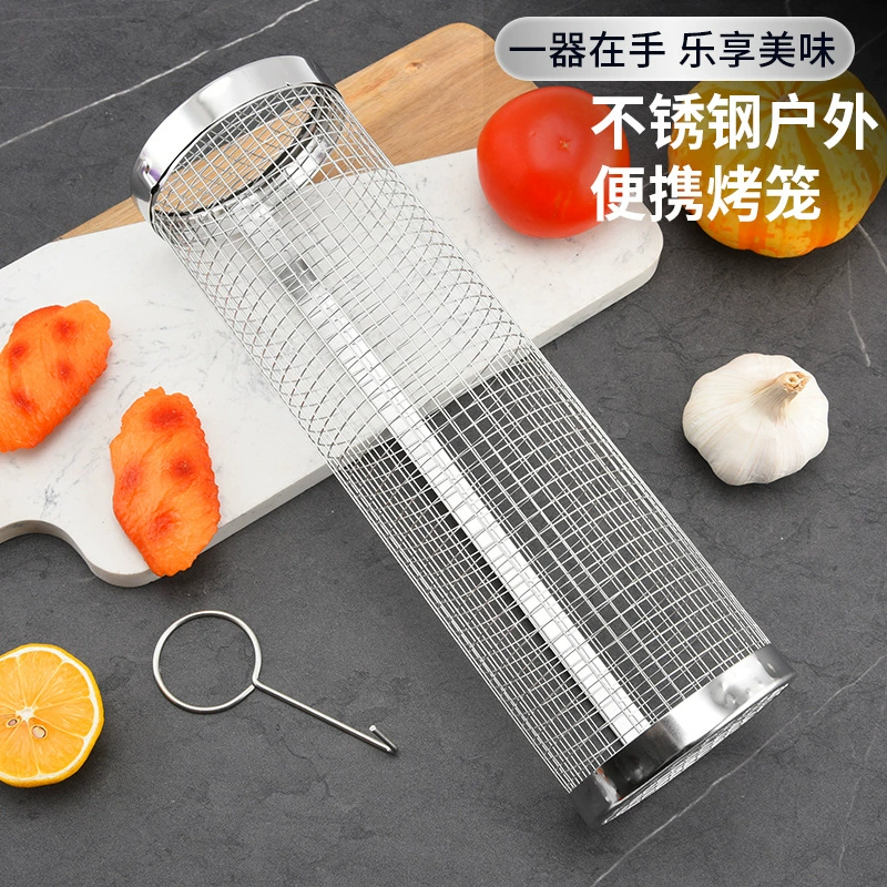 Цилиндрическая клетка для барбекю Amazon, трансграничная бочка для барбекю 304, корзина для барбекю, инструменты для барбекю из нержавеющей стали для пикника на открытом воздухе