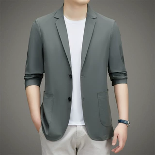 专柜桑蚕丝男士外套2025春夏时尚休闲百搭男装西服免烫薄款上衣男