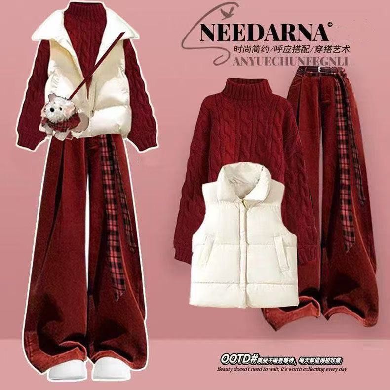 Winter Outfit for Women with a New Year Vibe: Red Collared Sweater, Vest, Cotton Jacket, Stylish Wide-Leg Pants, Complete Set Winter Outfit for Women with a New Year Vibe: Red Collared Sweater, Vest, Cotton Jacket, Stylish Wide-Leg Pants, Complete Set
