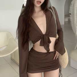 咖啡四件套显瘦泳衣比基尼保守遮肚学生泰国度假海岛聚拢小胸