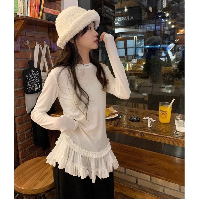 Ballet Style Lace Long-Sleeved T-Shirt Plus Size Women's Slim-Fitting Bottoming Shirt Top Korean Style Versatile Western Style Niche