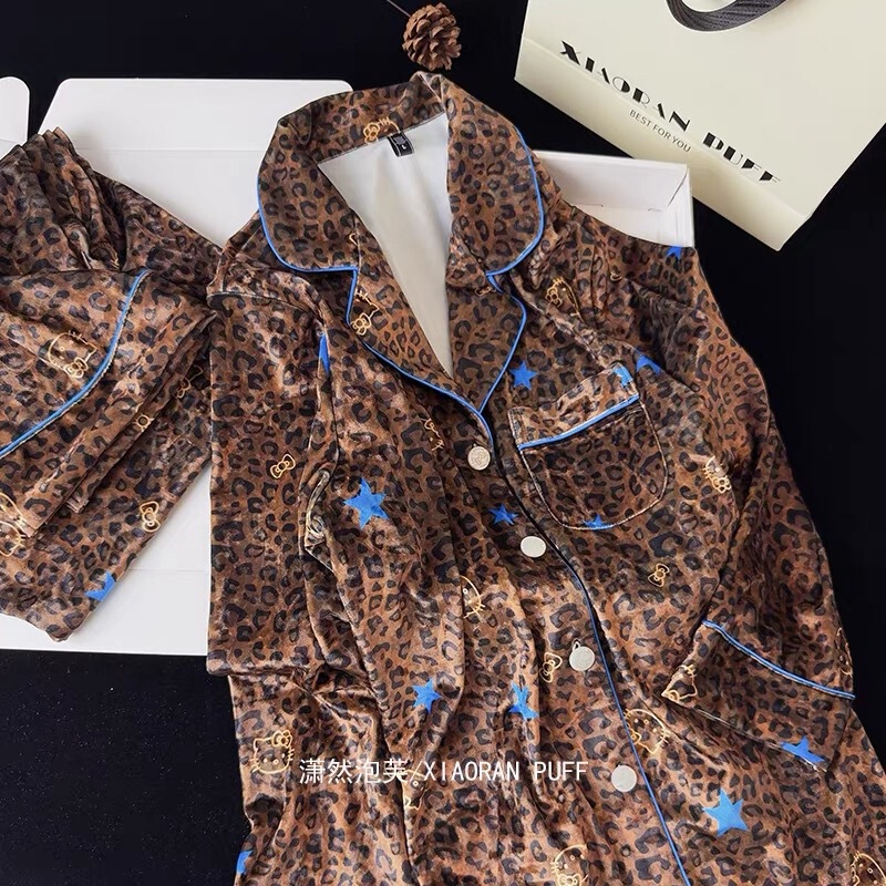 Maillard Blue Star Leopard Print Kt New Velvet Autumn/Winter Warm Comfortable Skin-Friendly Women's Homewear Set Long Sleeve Maillard Blue Star Leopard Print Kt New Velvet Autumn/Winter Warm Comfortable Skin-Friendly Women's Homewear Set Long Sleeve