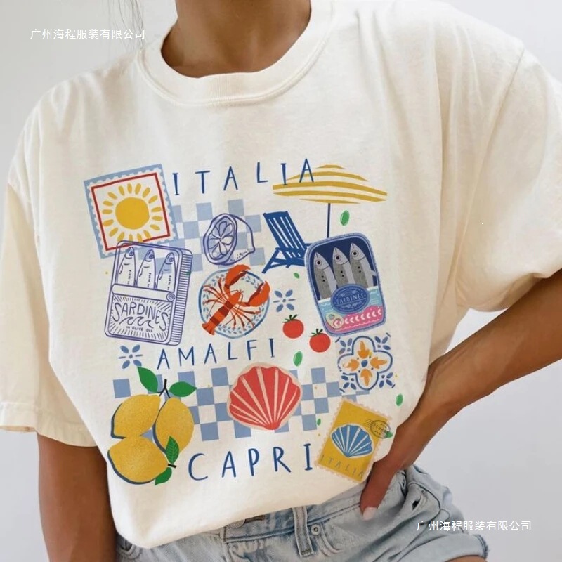 Italian Capri Graphic T-Shirt, Vintage and Fun Seafood Vacation Shirt, Short-Sleeve Crew Neck Casual Top