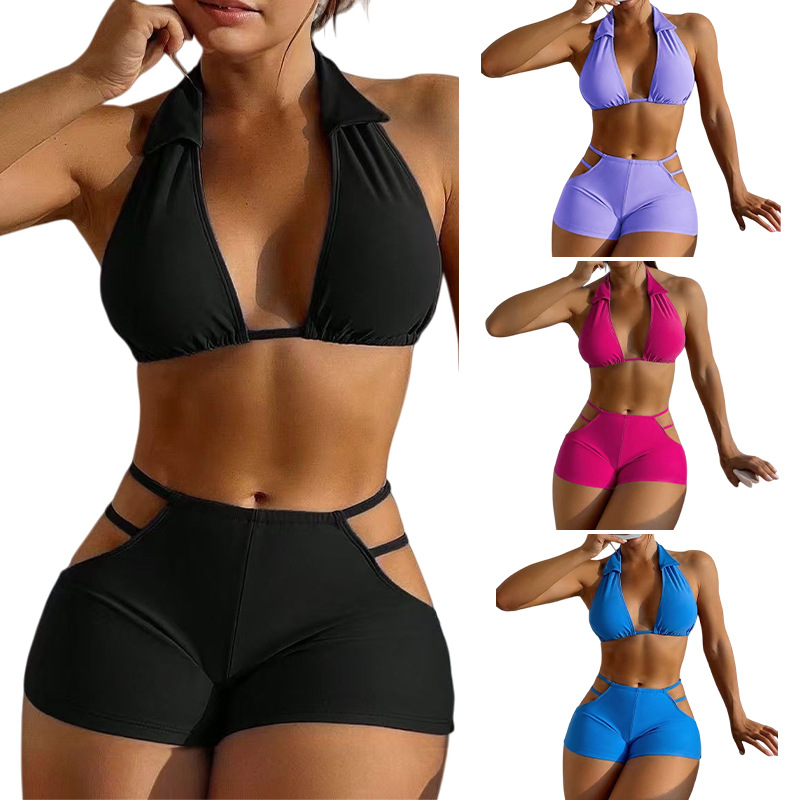 Cross-Border European and American Style Two-Piece Swimsuit, Feminine Bikini, Solid Color, High-End, Pure Desire Style, Tight-Fitting, Push-Up, High-Waisted Swimwear