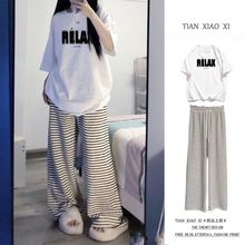 夏季小个子穿搭宽松短袖T恤套装女学生上衣时尚条纹阔腿裤两件套