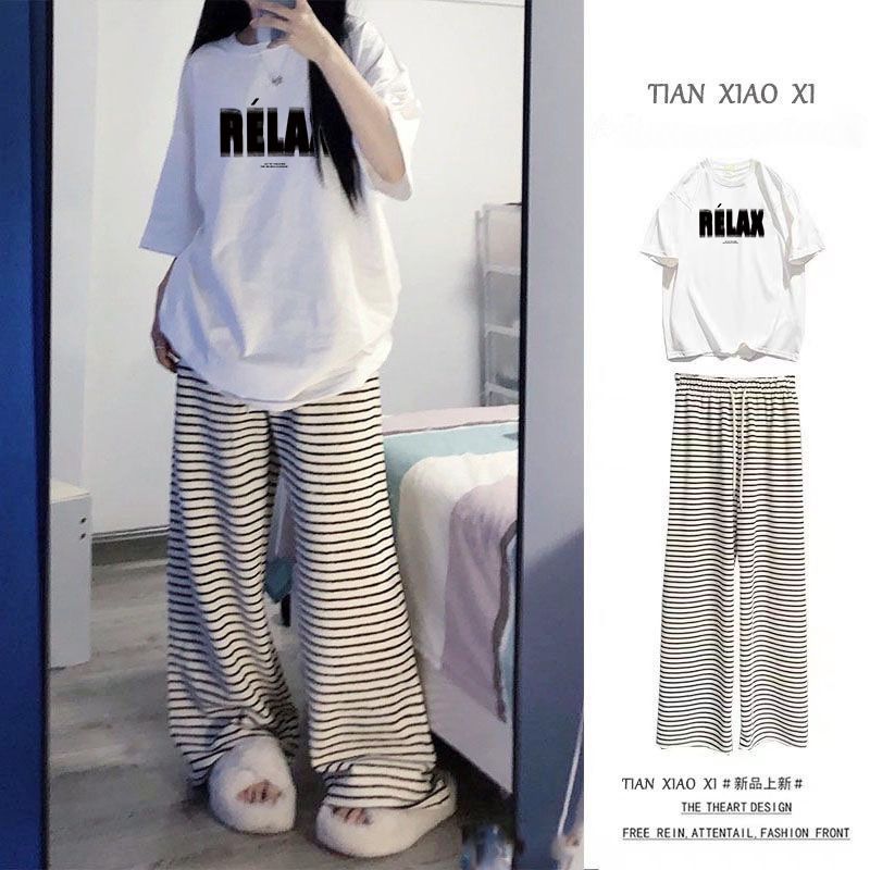 夏季小个子穿搭宽松短袖T恤套装女学生上衣时尚条纹阔腿裤两件套