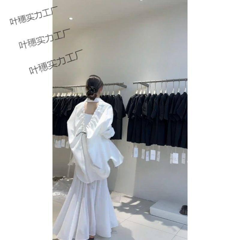气质百搭高级感慵懒露背抽绳衬衫网纱拼接吊带裙独特设计两件套女|undefined