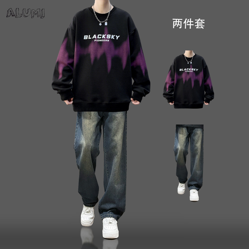 Gradient Round Neck Sweatshirt for Boys, Spring and Autumn Trendy Jacket, Youth Casual Suit with Jeans, Complete Set Gradient Round Neck Sweatshirt for Boys, Spring and Autumn Trendy Jacket, Youth Casual Suit with Jeans, Complete Set