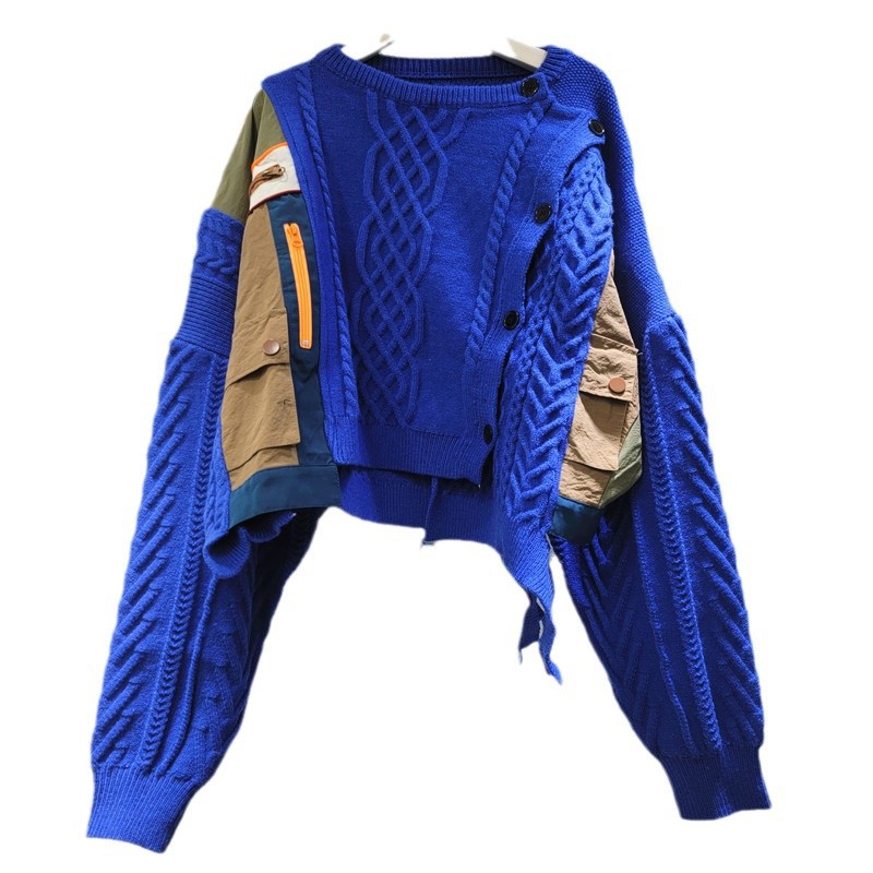 Nicho sensación de diseño irregular color contrastante empalme suéter de punto retro multi-botón chaqueta otoño invierno nuevo