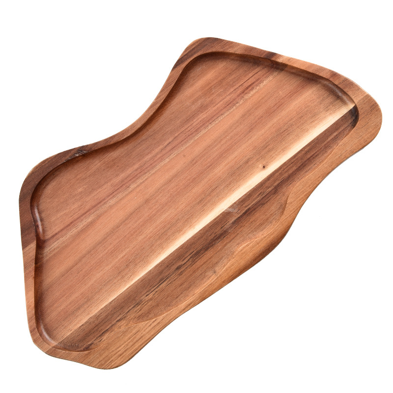 Transfronteriza venta directa de bandejas de madera acacia irregular sushi pizza pan pan madera bocadillos tablero de corte bandeja en forma de M