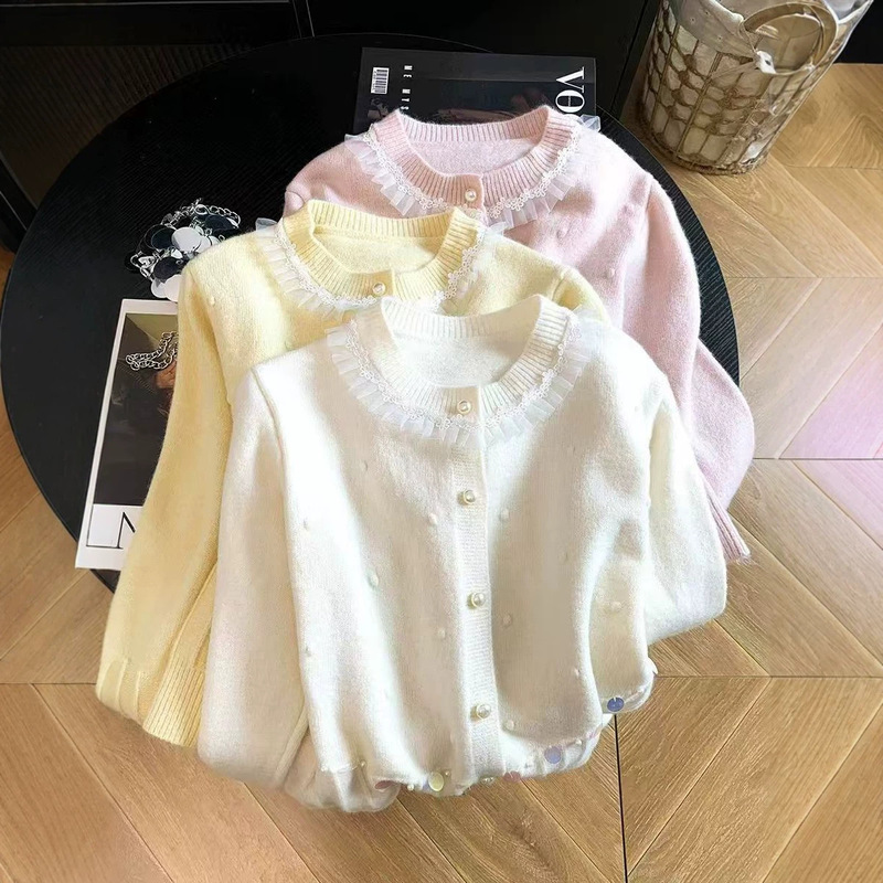 Heavy lace, puffed sleeves, sequin-embellished knitted cardigan, new autumn/winter style, elegant and sophisticated sweater coat for women