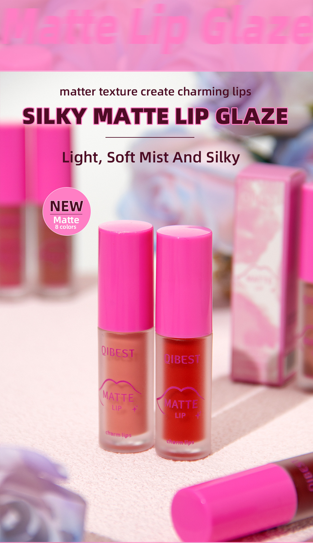QIBEST Cross-border Smooth matte Lip Gloss, non-stick, non-fading, waterproof, moisturizing and long-lasting matte lip gloss details Picture