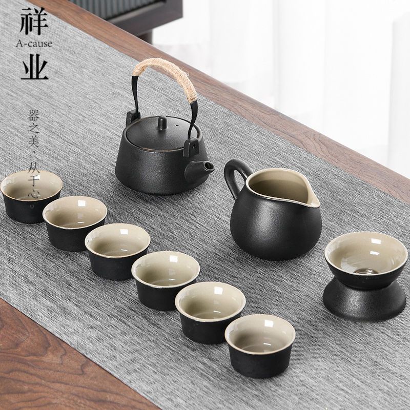 LM茶具套装家用日式黑陶茶杯壶一整套新款提梁壶茶盘家庭装全套