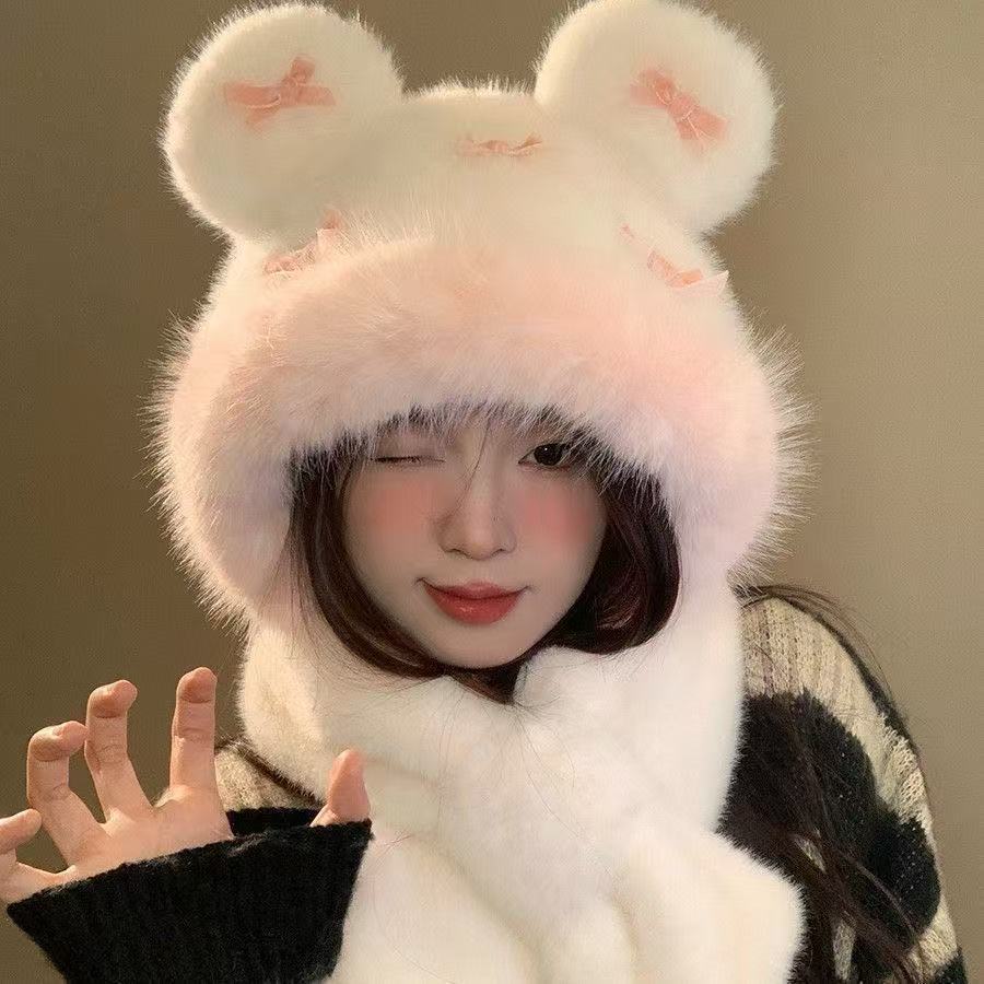 冬季小熊毛绒帽子小蝴蝶结女可爱加厚保暖防寒护耳帽显脸小雷锋帽