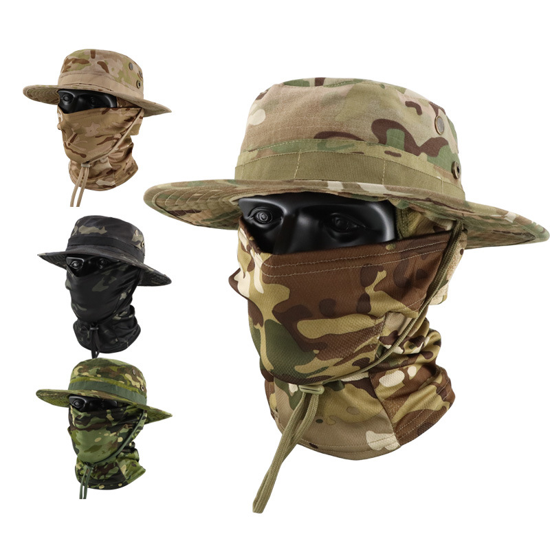 Camouflage Bennie Hat Outdoor Tactical Headgear Summer Sunscreen Breathable Field CS Set Round Rim Hat Fishing Hat Mask