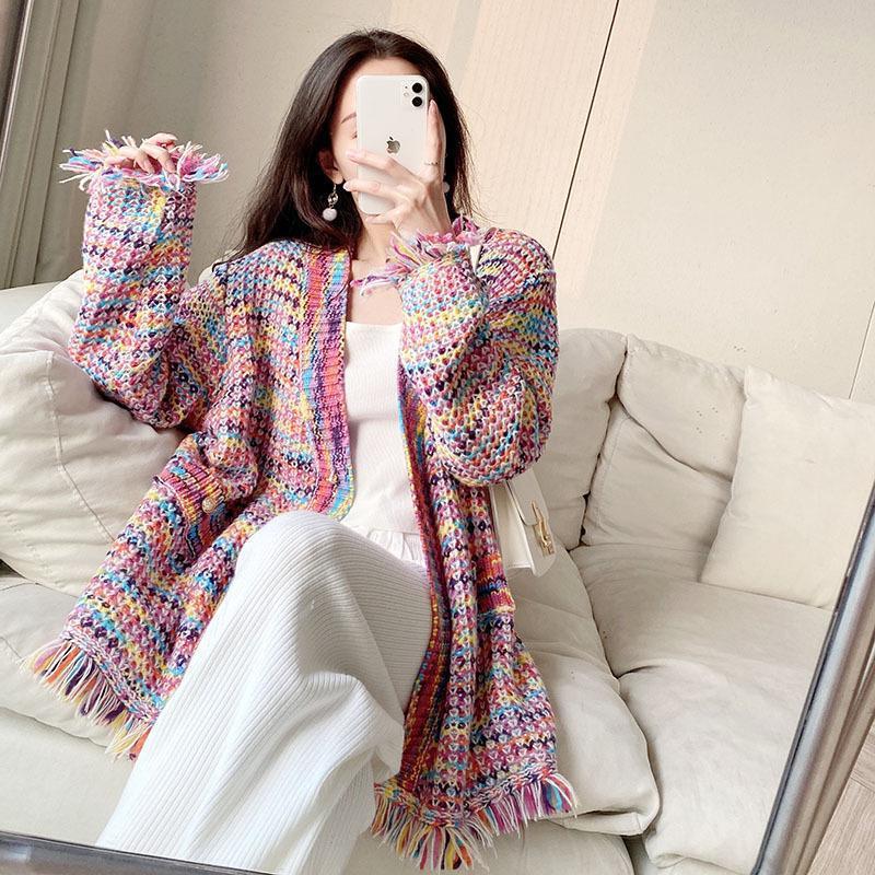 春秋季新款彩虹温柔小香风流苏毛衣外套女宽松慵懒风针织开衫外穿|undefined