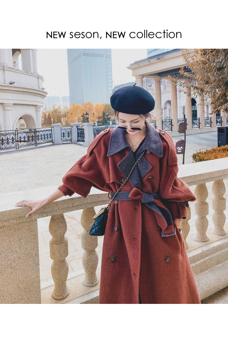 Women's Long Woolen Coat Brick Red Hepburn Style Winter Overcoat_voghion.com