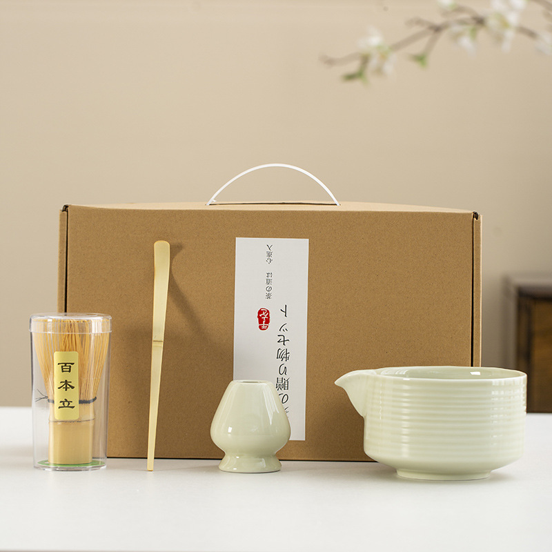 Juego de cuatro piezas de ceremonia del té de matcha, jaula de té de Baiben, tazón de té de pie, juego completo de combinación japonesa, té de punto, accesorios de jaula de té
