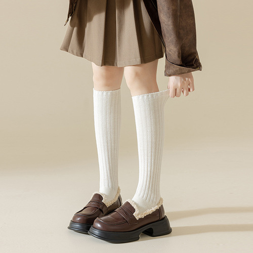 Calf socks for women in autumn and winter wool pearl velvet vertical stripes slimming pressure soft waxy half-leg JK socks warm pile socks