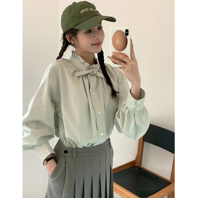 Korean Dongdaemun Egg House Loose Lace Stand-Up Collar Tie Single-Breasted Solid Color Lantern Sleeve Shirt Spring
