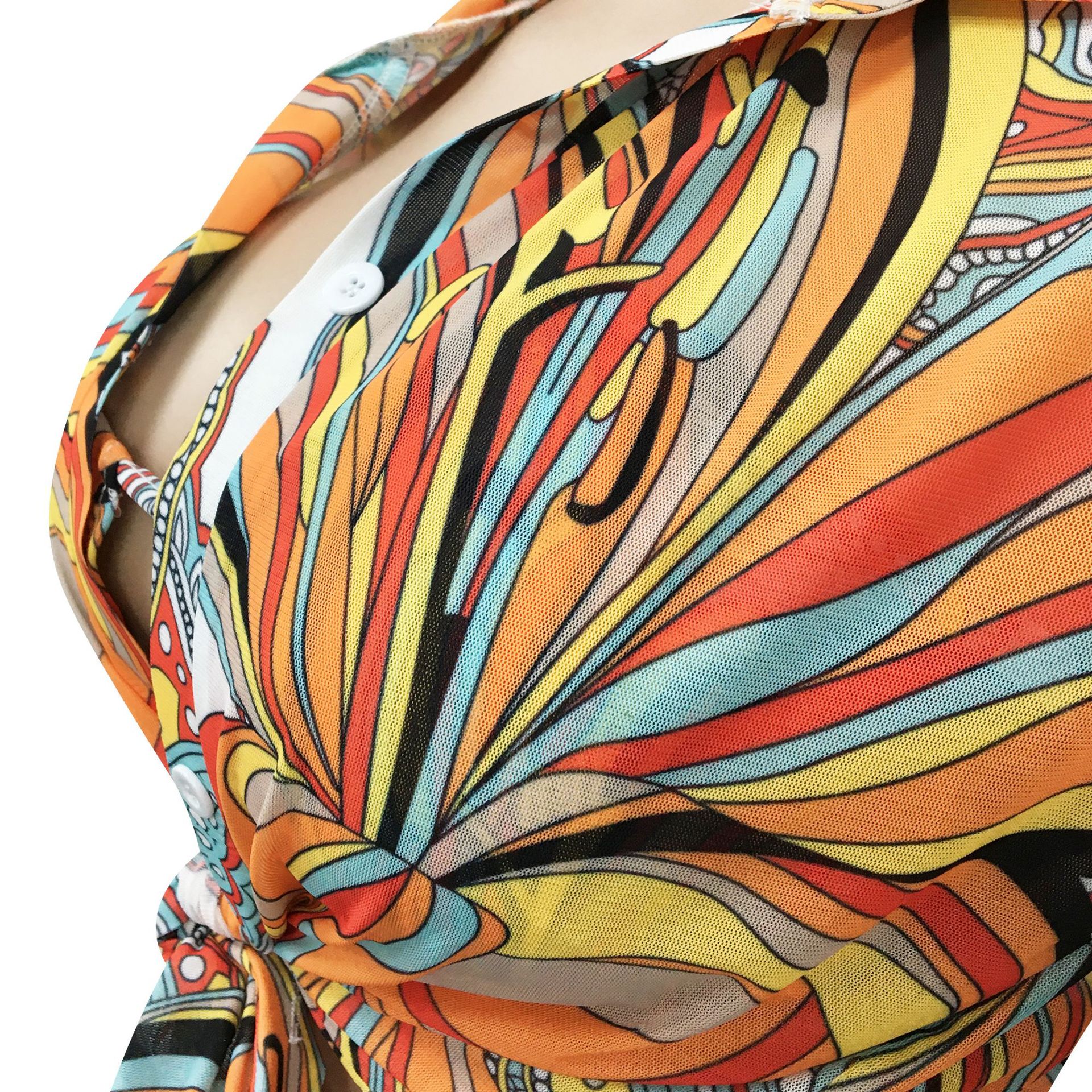 Sexy Mesh See-through Printed Long Sleeve Three-Piece Suit Women Clothing