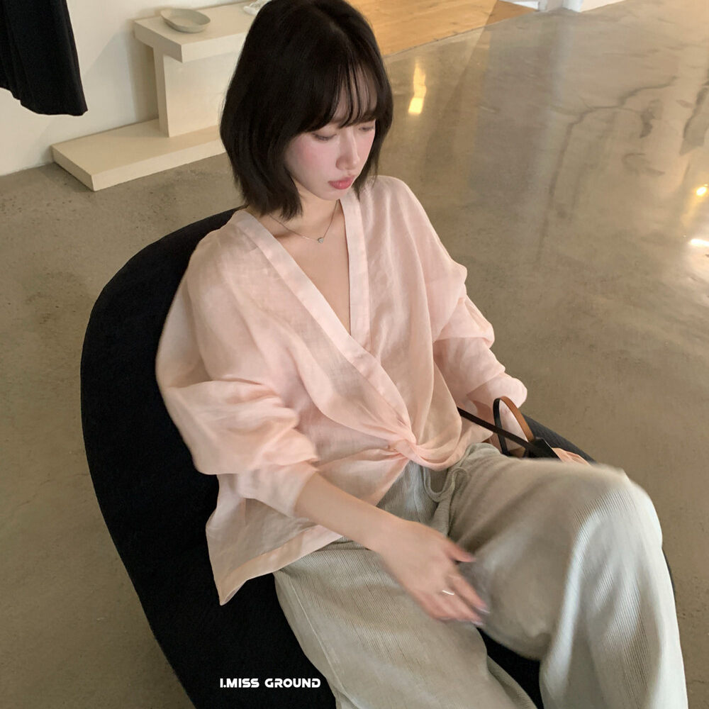 Áo sơ mi nữ dài tay cổ V chất liệu ramie thoáng mát, thiết kế nút thắt phía trước, form rộng — Xanh nước biển, màu hồng, màu cam
