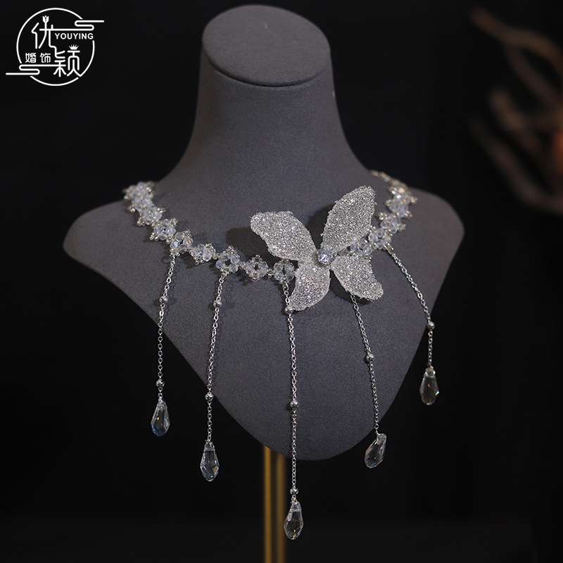 Youying Korean Super Fairy Bright Pink Bow Tassel Hairpin Bridal Wedding High-End Shiny Crystal Wedding Accessories