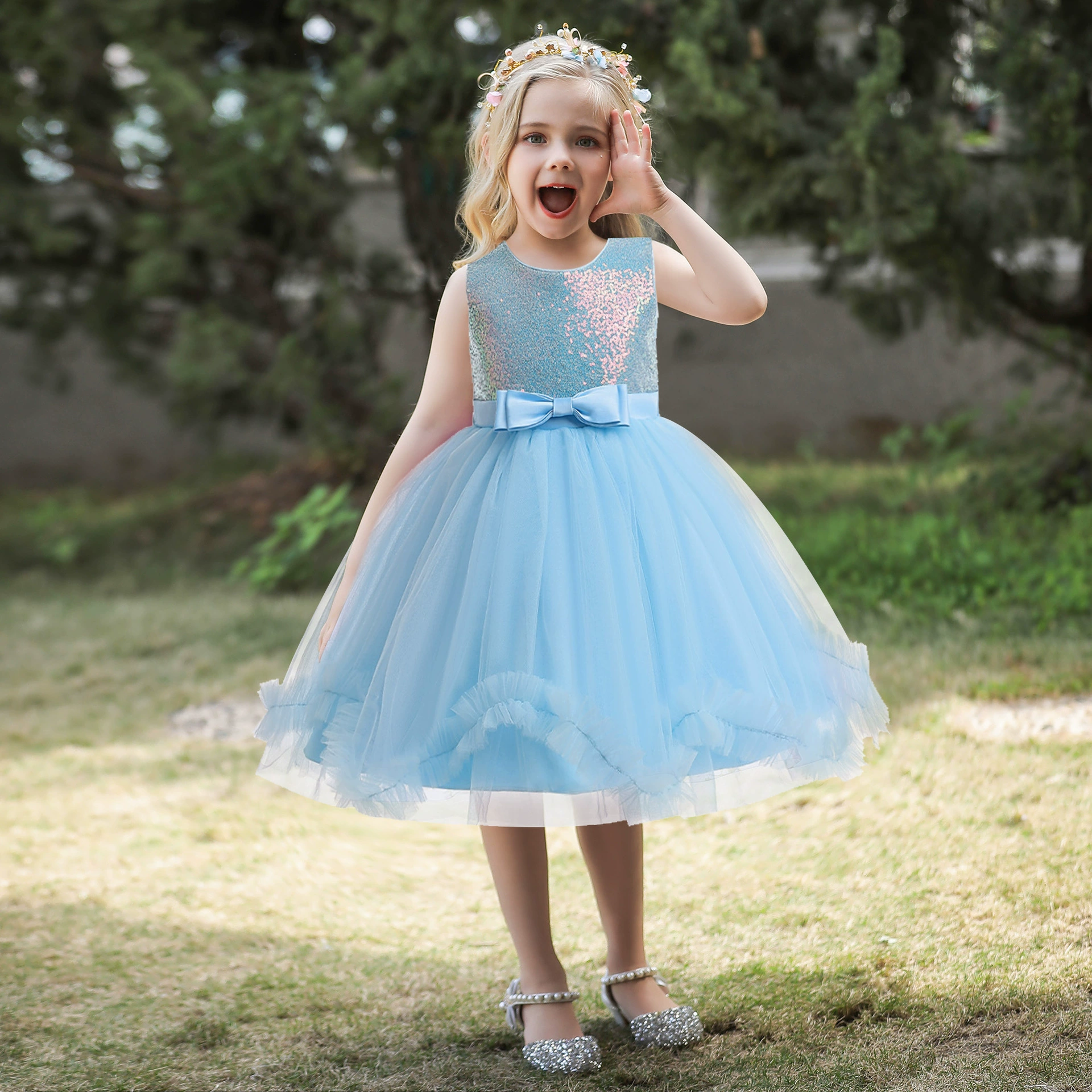 Европейские и американские девушки одеваются Паффи пряжи блестками платье принцессы фестиваль сценическое платье свадебное платье девушки цветка