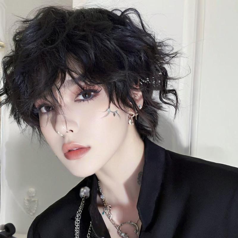 Live with goods wig men's slant bangs short wig handsome simulation short curly hair Korean version of natural full top headgear wholesale Live with goods wig men's slant bangs short wig handsome simulation short curly hair Korean version of natural full top headgear wholesale