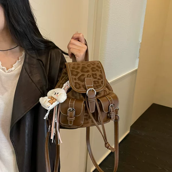 2027 New Korean Leopard Print Drawstring Double Pocket Children's Student Parent-Child Backpack School Bag for Girls Wholesale