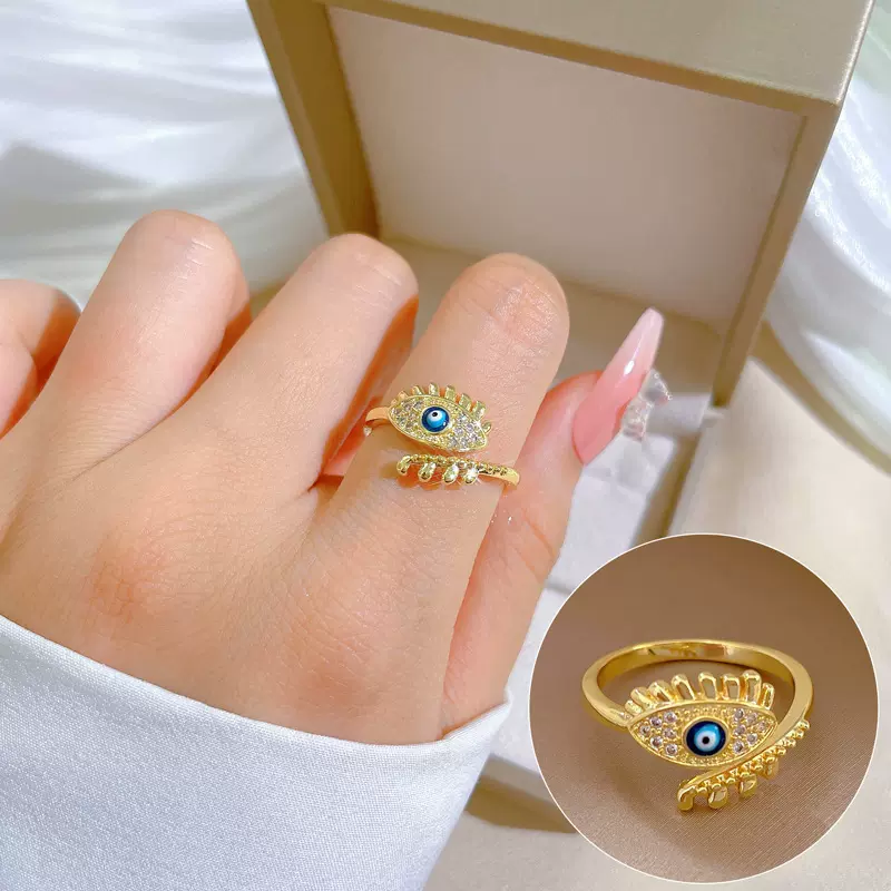 【真金】轻奢满钻眼睛戒指开口可调节款简约手饰日系指环情侣对戒