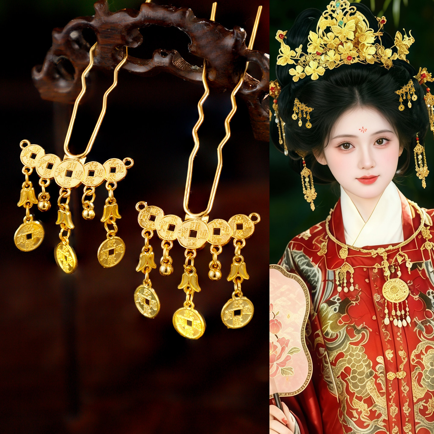 汉服古装日常百搭仿铜钱金色吊坠发钗头饰宫廷风流苏步摇古风发饰