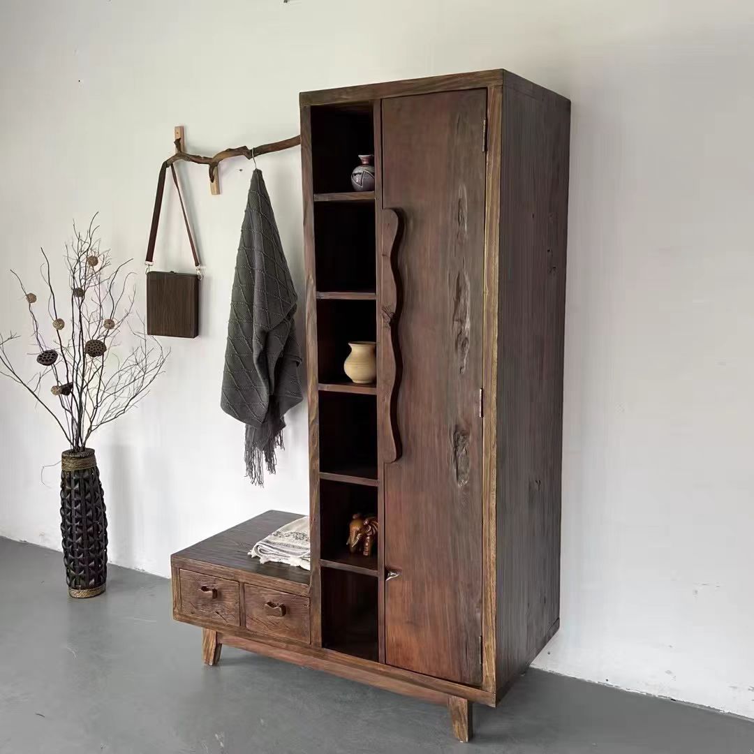 Wabi-Sabi Style Solid Wood Wardrobe, Second-Hand B&B Tea Room, Simple Coat Cabinet, Weathered Old Elm Decorative Storage Cabinet