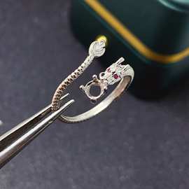 彩宝首饰s925银戒指空托上开口可调节动物款圆形镶嵌蛋形刻面裸石