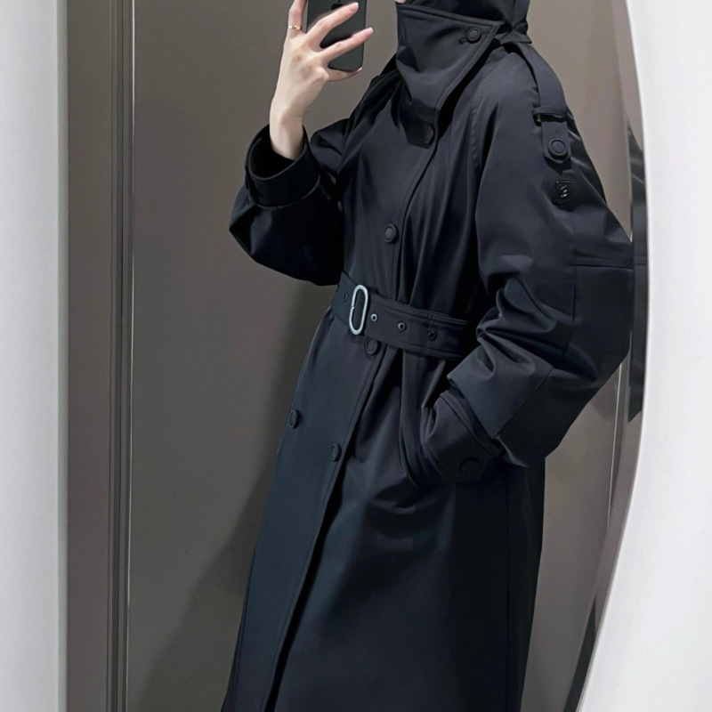 Korean-Style Stand-Collar Mid-Length Black Trench Coat down Jacket for Women, 90% Down, with Drawstring Waist, Minimalist Style Coat