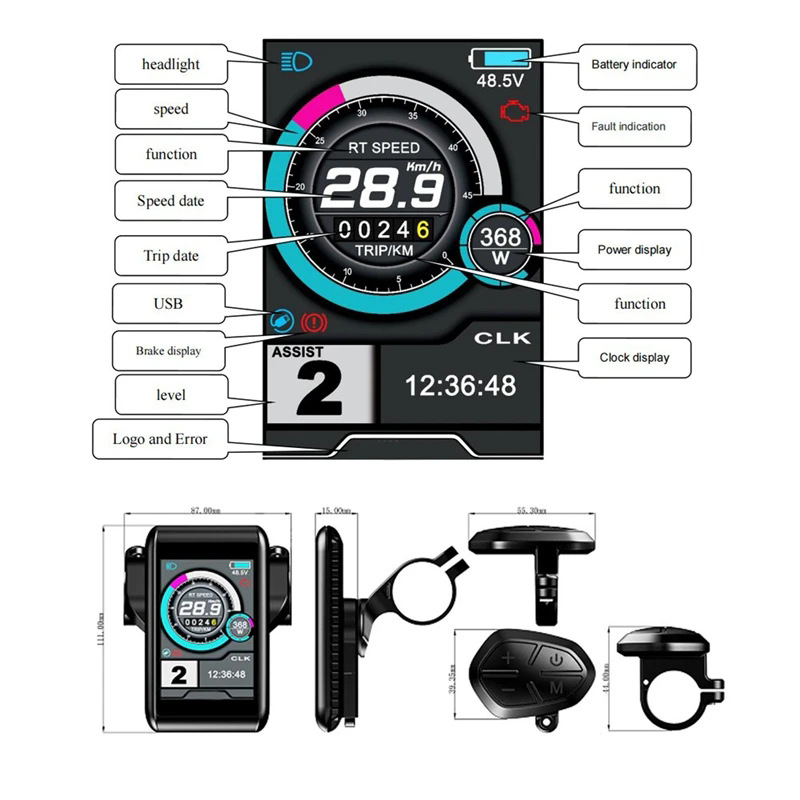 Bicycle lithium accessories UKC1 color display 36V 48V 60V 72V compatible 52V waterproof connector