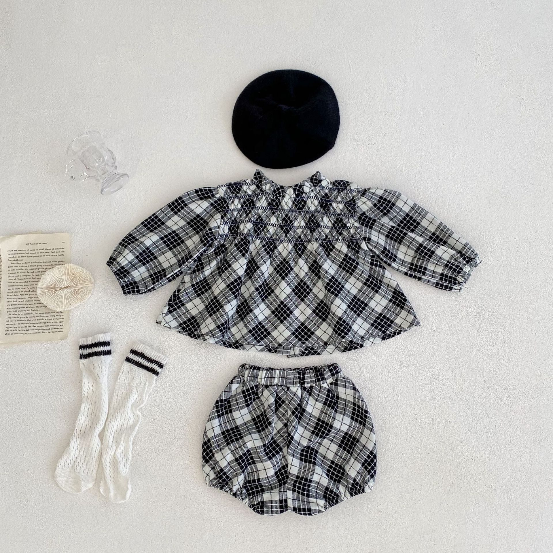 2024 Herbst/Winter Neue Baumwolle Weibliche Baby Karierten Langarm Top Strickjacke + Hose zweiteiliges Set_voghion.com